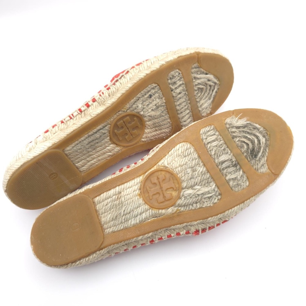 Tory Burch Striped Canvas Espadrilles Red Cream Logo Round Toe Flat Shoes 8 - Picture 8 of 10